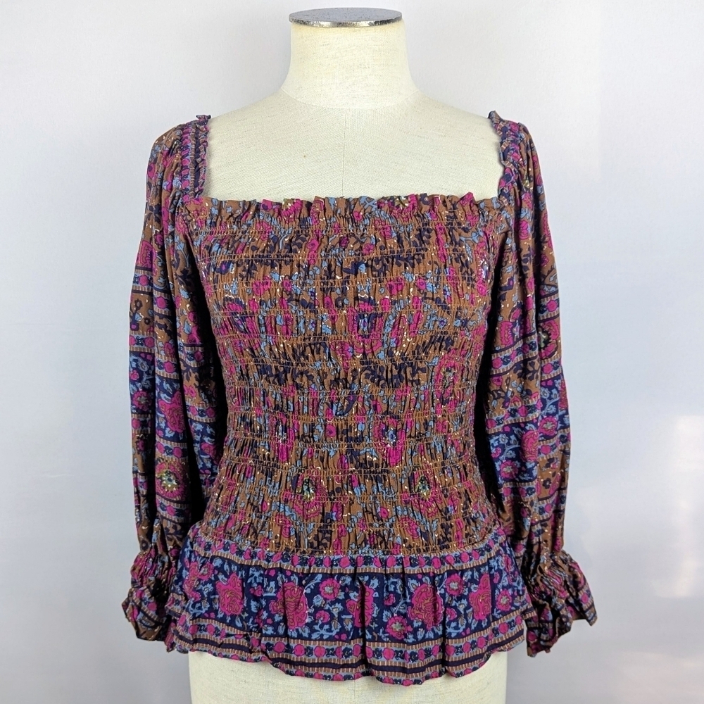 Haute Hippie Style Top Blouse Smocked Bodice Long Sleeve Floral Multicolor S NWT